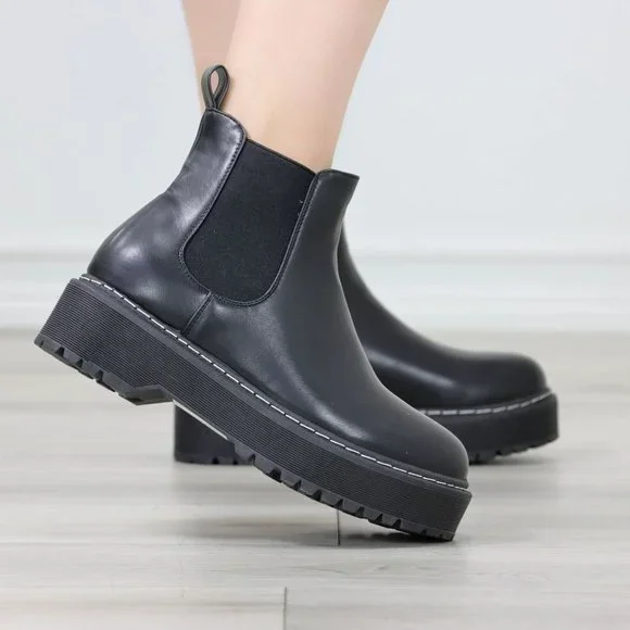 Womens Combat Boots Slip On Platform Chelsea Bootie Chunky Lugged Sole - Picture 11 of 13